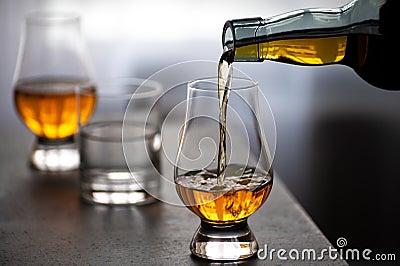 Pouring in tulip-shaped tasting glass Scotch single malt or blended whisky Stock Photo