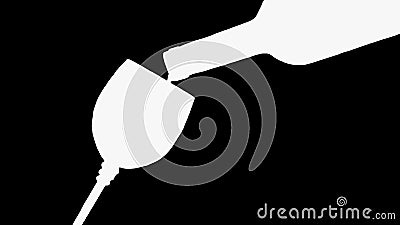 Pouring wine from a bottle into a glass,glass white icon,illustration on a black background,close-up Cartoon Illustration