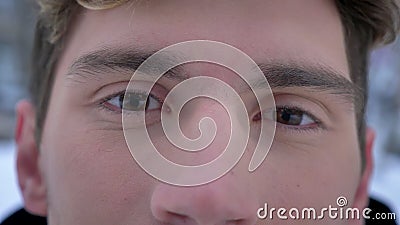 Pousse de plan rapproché de jeune visage masculin caucasien attrayant avec les yeux bruns regardant la caméra avec joie banque de vidéos Pousse de plan rapproché de jeune visage masculin caucasien attrayant avec les yeux bruns regardant la caméra avec joie banque de vidéos