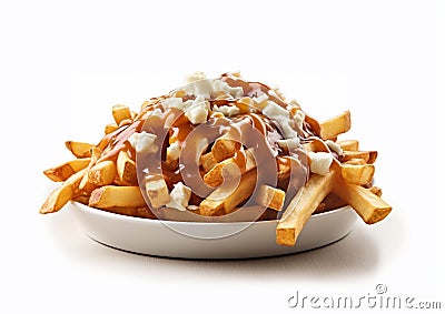 Poutine fast food snack with cheese and gravy sauce on white background.Macro.Ai Generative Stock Photo