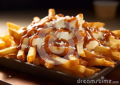 Poutine snack with fries and cheese and gravy sauce topping on table.Macro.Ai Generative Stock Photo