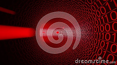 POV flight through abstract red tunnel made with zeros and ones. Hi-tech background. Hacker theat, DDoS computer attack Stock Photo