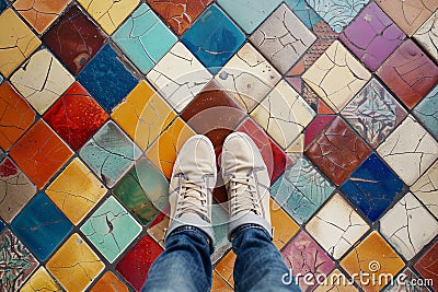 Pov shot looking down on a persons feet standing on a brightly colored geometric mosaic tiled floor Stock Photo
