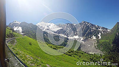 POv from train to Mont Blanc mountain massif Chamonix valley, France Stock Photo