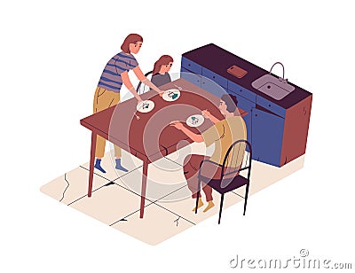 Poverty and food shortage concept. Poor family taking meal at dining table in old broken kitchen. Sad hungry people with Vector Illustration