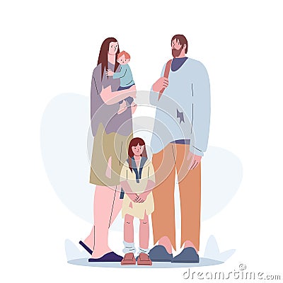 Poverty, poor family with baby. Refugees worried, social problems and migration. Child and parents, homeless people Vector Illustration