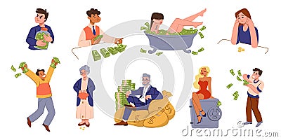 Poverty and richness characters. Money spending. Success and careless finance people. Businessman and woman employee Vector Illustration