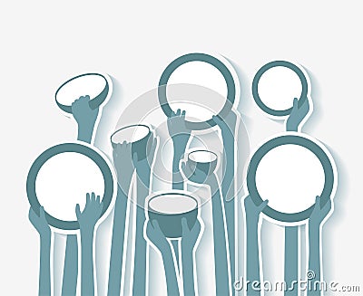 Poverty Stricken Starving Famine Hands with Empty Plates and Bowls blue stickers Vector Illustration