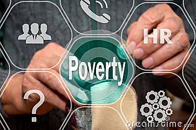 Poverty text on the touch screen on the background of a man with an empty wallet and a coin in his hands. The concept of poverty Stock Photo