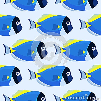 Powder blue tang fish seamless pattern. Acanthurus surgeon fish Vector Illustration