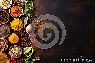 powder cooking ingredient food indian seasoning herb spice dry pepper background. Generative AI. Stock Photo