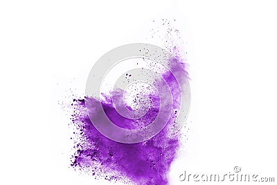 Closeup of a purple dust particle explosion isolated on white background. Stock Photo