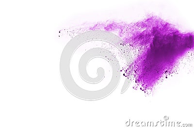 Closeup of a purple dust particle explosion isolated on white background. Stock Photo