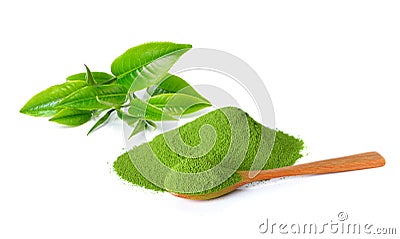 Powder green tea and green tea leaf Stock Photo