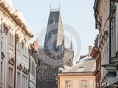 Powder tower, also called Prasna Brana, in Prague, Czech Republic, taken from the narrow streets of Old Town. Stock Photo