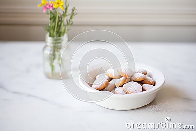 powdered mini donuts in a white dish Stock Photo