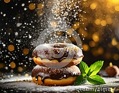 powdered sugar falls on a donut Stock Photo