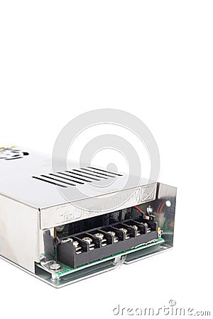 Power adapter isolated above white background 220v to 12v Stock Photo