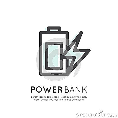Power Bank Battery Phone Charger Battery, Minimalistic Vector Flat Line Outline Stroke Icon Pictogram Symbol Stock Photo