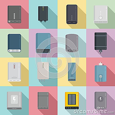 Power bank icons set flat vector. Alternative power Vector Illustration