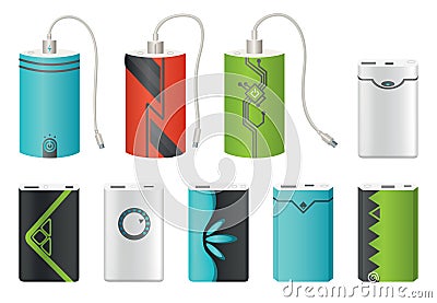 Power bank mockup set with and without USB cable. Colorful portable charger device. External battery for charging Vector Illustration