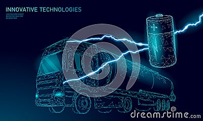 Power battery electric truck low poly.Rechargeable ecological environment green transport business trailer. Fast speed Vector Illustration