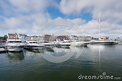 Power boats in the harbor in Helsinki Stock Photo