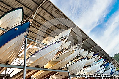 Power boats sheltered parking facility marina in Trinidad Stock Photo