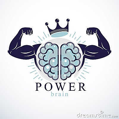 Power Brain emblem, genius concept. Vector design of human anatomical brain with strong bicep hands of bodybuilder. Brain training Vector Illustration