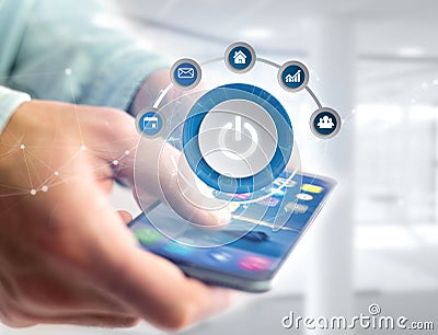 Power button symbol with computer app displayed on a futuristic Stock Photo