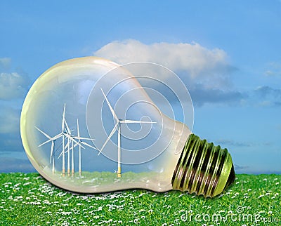 Power energy electrical electric bulb light green greenhouse climate change global windfarm wind farm turbines windmills renewable Stock Photo