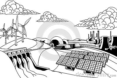 Power Energy Generation Sources Vector Illustration