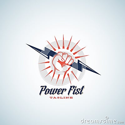 Power Fist Abstract Vector Emblem, Symbol or Logo Template. Hand Holding Lightning Bolt Silhouette with Retro Typography Vector Illustration