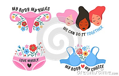 Power girl. Female movement feminist symbols. Hand drawn stickers, women society and solidarity, activist motivation Vector Illustration