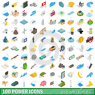 100 power icons set, isometric 3d style Vector Illustration