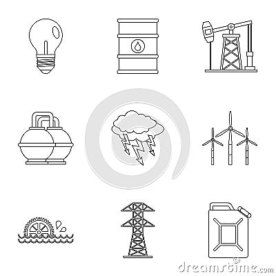 Power industry icon set, outline style Vector Illustration