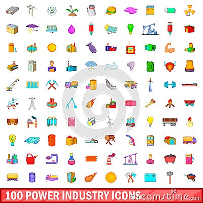 100 power industry icons set, cartoon style Vector Illustration