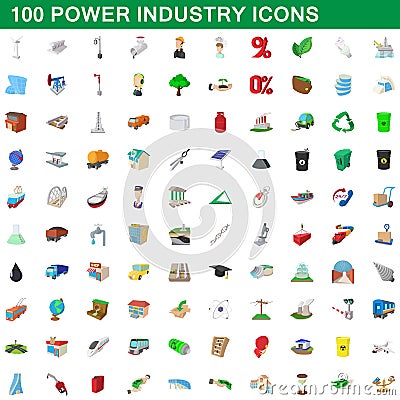 100 power industry icons set, cartoon style Vector Illustration