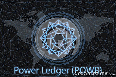 Power Ledger POWR Abstract Cryptocurrency. With a dark background and a world map. Graphic concept for your design Stock Photo