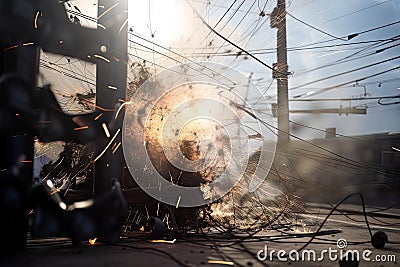 power line breakage with sparks flying from broken wires Stock Photo