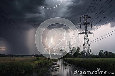 power line breakage in stormy weather, with lightning and thunder Stock Photo