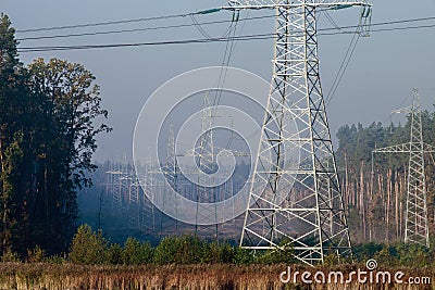 Power line in the cleared area of the forest. Steel electro masts with wires Stock Photo