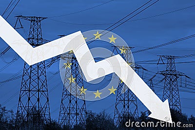 Power line and flag of European Union. Energy crisis. Concept of global energy crisis. Decreased electricity generation. Graph Stock Photo