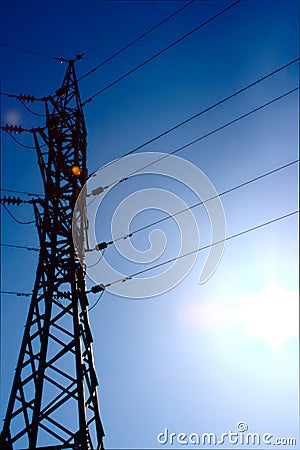 Power line sky sun spring wire sun rays cloud Stock Photo