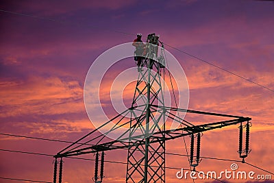 Power line workers Editorial Stock Photo