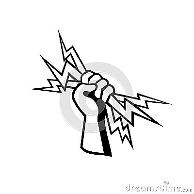 Power Lineman Electrical Worker or Electrician Hand Holding Lightning Bolt Retro Black and White Vector Illustration