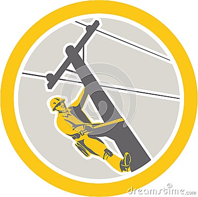 Power Lineman Repairman Climbing Pole Circle Vector Illustration