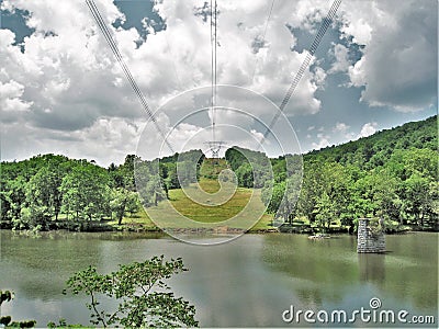 Power Lines Across New River in Virginia Stock Photo