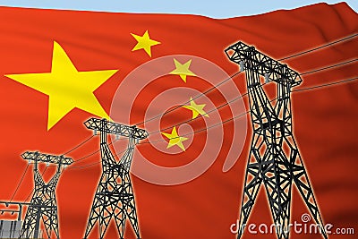 Power lines against background flag of China Stock Photo