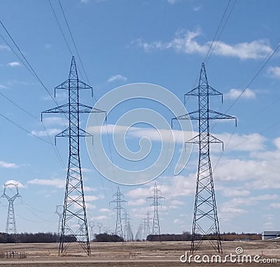 Power lines steel masts Stock Photo